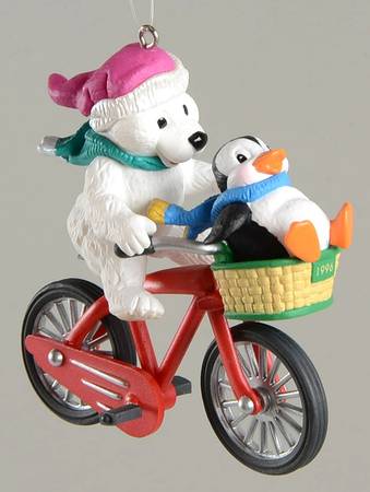 1996 Hallmark Christmas Ornaments Polar Cycle-Polar Bear & Penguin On Bike - Boxed