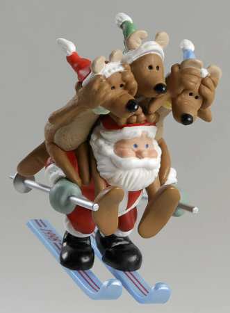 1998 Hallmark Christmas Ornaments Downhill Dash-Santa And Reindeer On Skis - Boxed