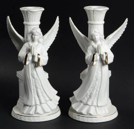 Homco Figurines Angel Candlestick Pair-Boxed White - Boxed