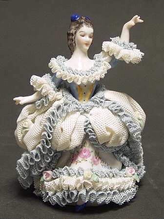 Irish Dresden Lace Figurines Dancer - Blue & White Dress - Boxed