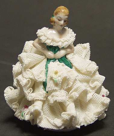 Irish Dresden Lace Figurines White Dress Green Sash - Boxed