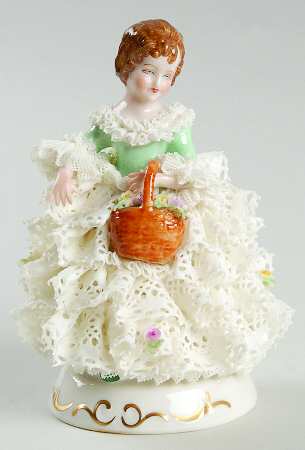 Irish Dresden Lace Figurines Girl With Basket - Boxed