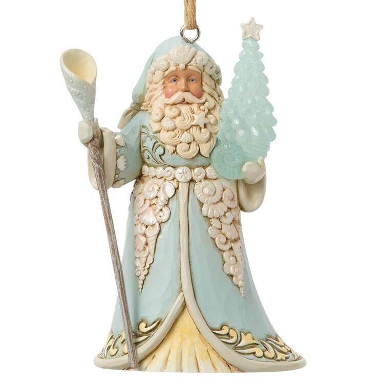 Coastal Christmas Ornaments Santa With Sea Glass Tree - Boxed