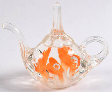 Paperweight By Joe St. Clair Teapot Ringholder,Orange Flowers - No Box