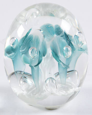 Paperweight By Joe St. Clair Egg,Clear, Teal Trumpet Flowers,Bubbles - No Box