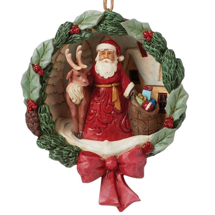Santa Ornaments Santa And Deer Wreath - Boxed