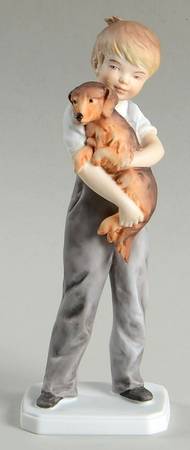 Children Boy W/Dachshund (Color Bisque) - Boxed