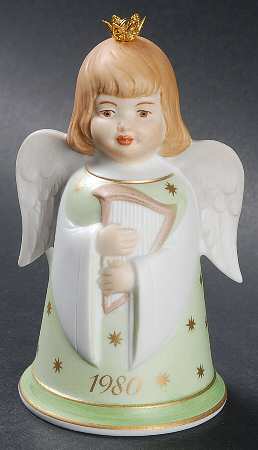 Christmas Bell 1980-Angel With Bass - With Box-Bell Motif 4-Green