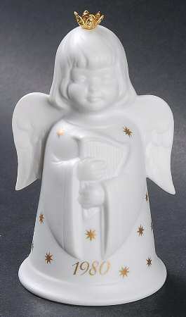Christmas Bell 1980-Angel With Bass - With Box-Bell Motif 4-White