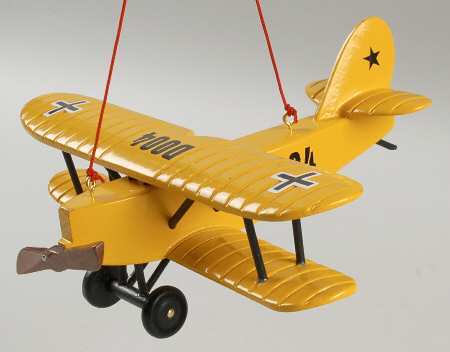 Kurt Adler Christmas Ornament Yellow Wooden Airplane - Boxed