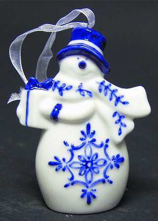 China & Lace - Delft Blue Snowman With Gift - No Box
