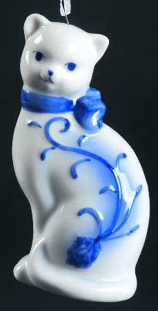 China & Lace - Delft Blue Cat Ornament Sitting Up - No Box