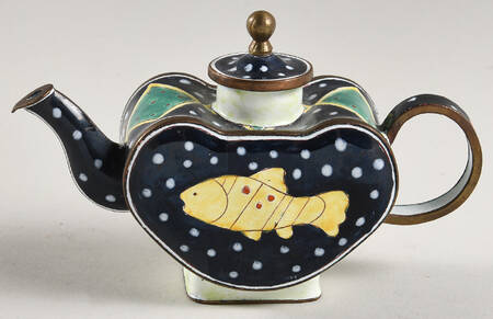 Enamel Teapots Black With Fish And White Dots - No Box