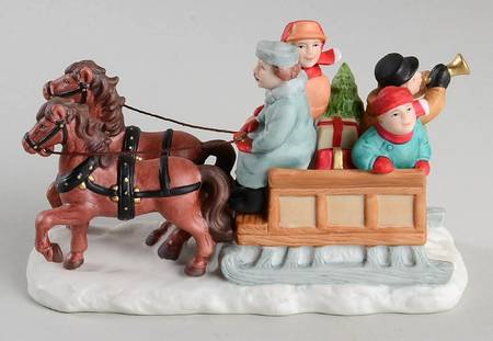 Colonial Village Family On Wagon - Boxed