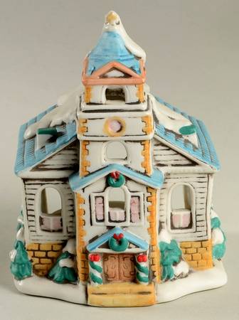 Colonial Village Blue Church-Votive Candle Holder - Boxed