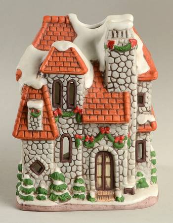 Colonial Village Stone House With Red Roof-Votive Candle  - With Box Bx343