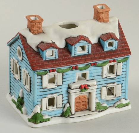 Colonial Village Blue House-Votive Candle Holder - Boxed