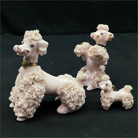 Lefton Figurines French Poodles-Pink-Mom W/Pups - No Box