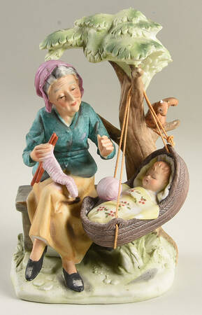 Lefton Figurines Granny Knitting,Baby In Swing - With Box-Bx542