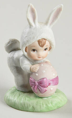 Lefton Figurines Child In Bunny Costume, Purple Egg - Boxed