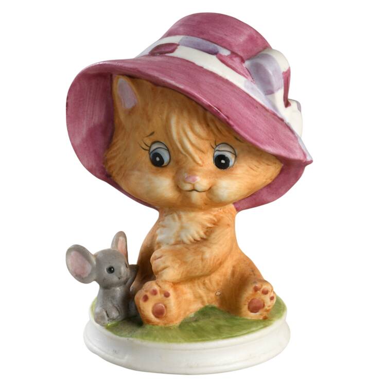 Lefton Figurines Cat In Sunhat With Mouse - No Box