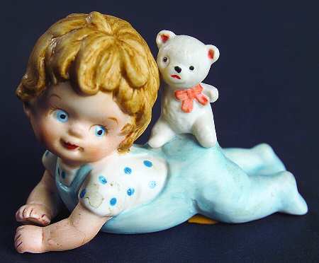 Lefton Figurines Baby Boy W/ Teddy Bear - Boxed