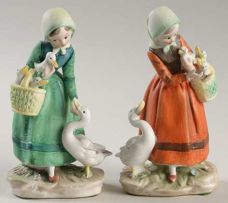 Lefton Figurines Pair Of Girls With Ducks - No Box