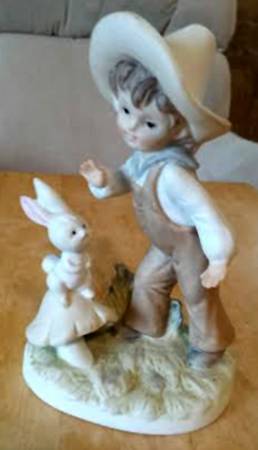 Lefton Figurines Boy With Rabbit On Mushroom - Boxed