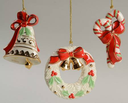 Lenox Christmas Ornament Wreath-Candy Cane-Bell-3-Piece Set - Boxed