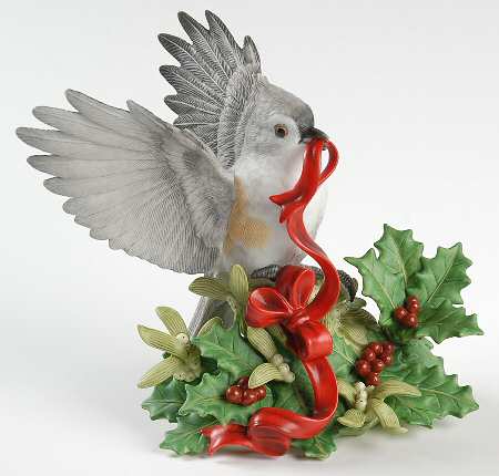 Christmas Birds Tufted Titmouse-Holly & Ribbon - Boxed