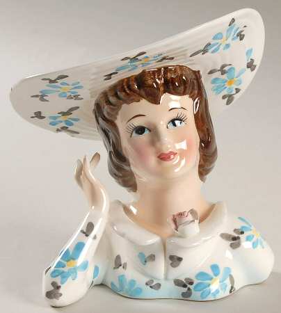 Lefton Head Vases Lady Lg Hat/Ylw Bow/Grn Dress - No Box