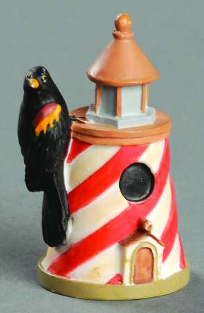 Garden Birdhouse Thimble Collection Red-Winged Black Bird On Lighthouse - Boxed