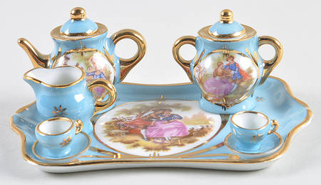 Limoges Miniature Figurines & Giftware Tea Set-Blue-6 Piece-Square Tray - No Box