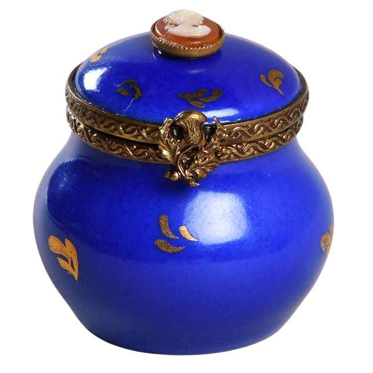 Limoges Miniature Figurines & Giftware Cobalt Blue Round Box-Cameo Lady - No Box