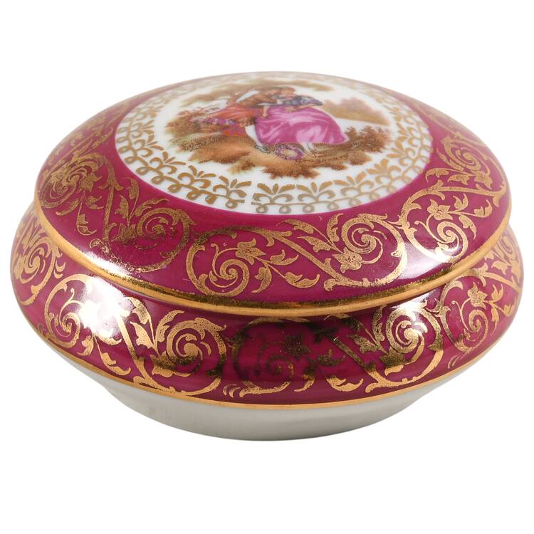 Limoges Miniature Figurines & Giftware Round Box-Red,Gold Scrolls - No Box