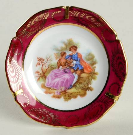 Limoges Miniature Figurines & Giftware Mini Plate-Red-Feather Border Pastoral - No Box