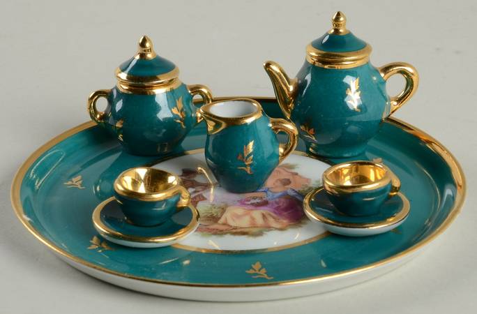 Limoges Miniature Figurines & Giftware Tea Set 6 Pc Turquoise Round - No Box