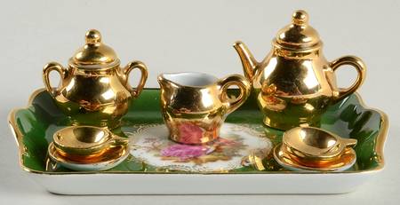 Limoges Miniature Figurines & Giftware Tea Set 6 Pc Green/Gold Country Scene - No Box