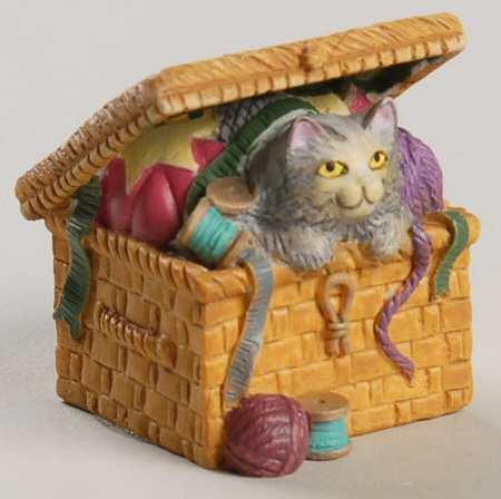 Victorian Parlor Kitten Thimbles Silver Tabby In Sewing Basket - Boxed
