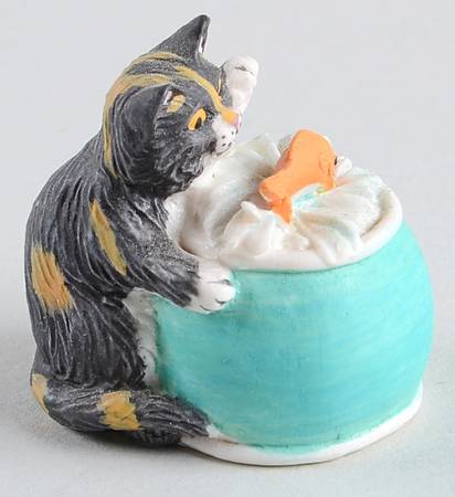 Victorian Parlor Kitten Thimbles Tortoiseshell Pawing Fish Bowl - Boxed