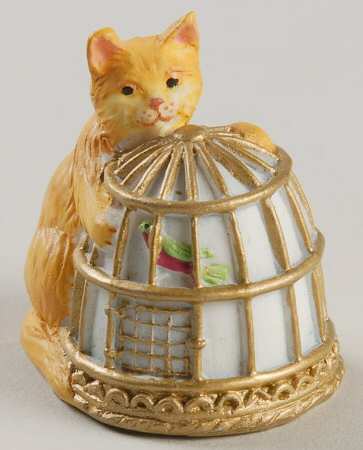 Victorian Parlor Kitten Thimbles Orange Tabby Peering In A Bird Cage - Boxed
