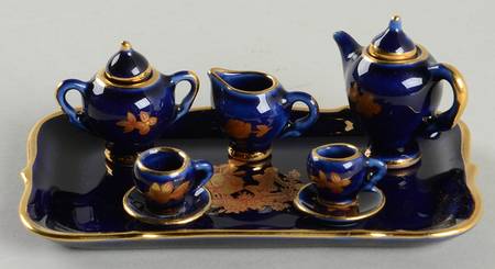 Limoges Castel Figurines Mini 6 Pc Tea Set Cobalt/Gold - No Box