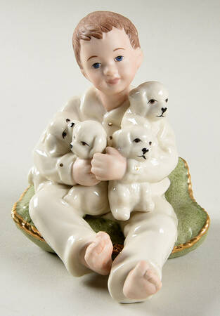 Fireplace Collection Boy Holding Dogs - No Box