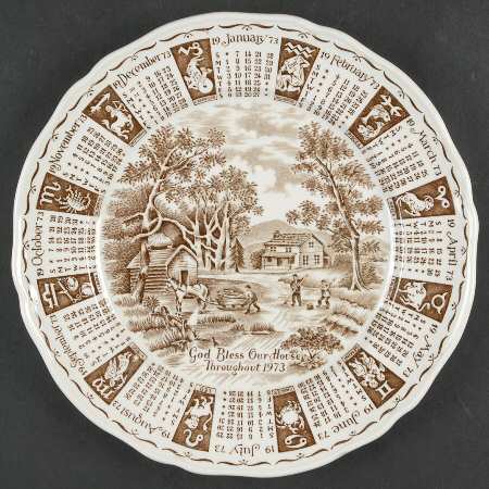 God Bless Our House Calender Plate 1973-Brown - No Box