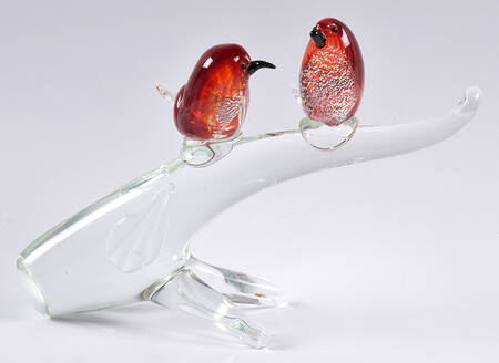 Murano Figurines Pair Of Red Birds On Branch - No Box