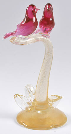 Murano Figurines Pair Birds On Branch Cranberry - No Box