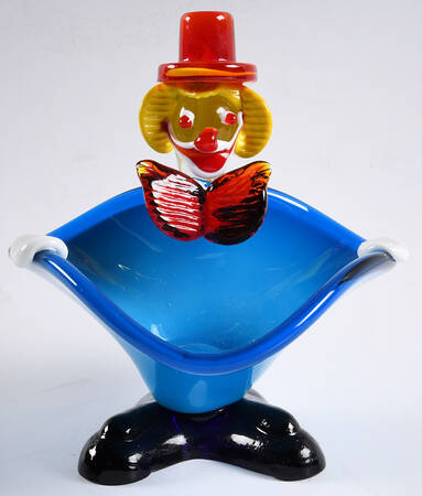 Murano Figurines Clown Blue Bowl Red Bow - No Box