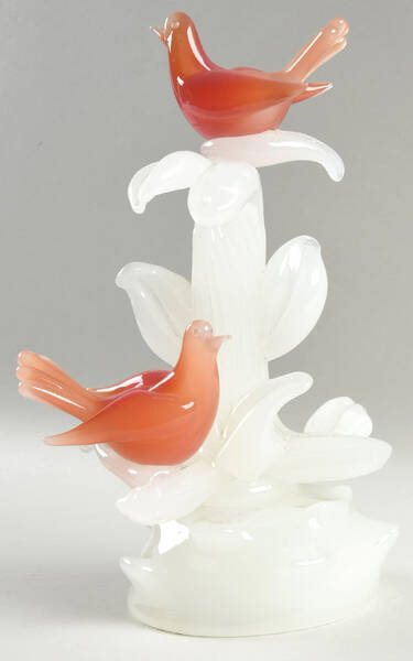 Murano Figurines 2 Orange Birds On White Leaves - No Box