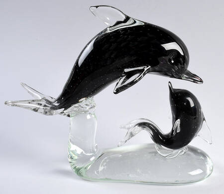 Murano Figurines Dolphin-Mother And Baby-Black - No Box