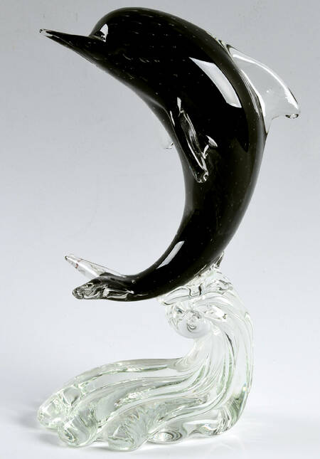 Murano Figurines Dolphin-Black On Clear Wave - No Box